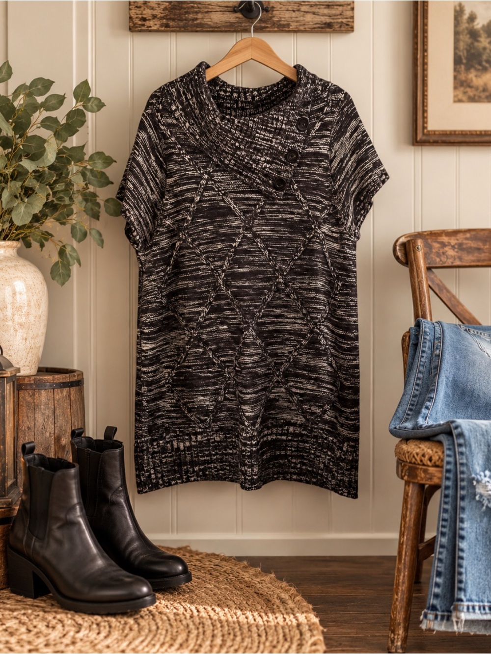 Reference Point Short Sleeve Brown & Tan Marbled Long Sweater/XL